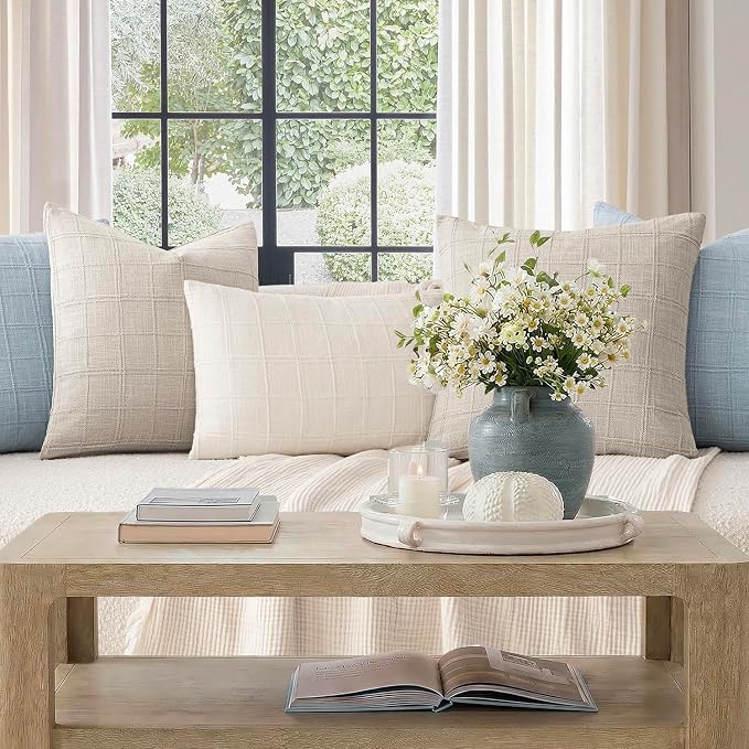 Foindtower Set of 2 Decorative Linen Check Throw Pillow Covers Neutral Farmhouse Vintage Cushion Covers Modern Coastal Boho Home Decor for Sofa Chair Couch Bedroom Living Room,22×22 Inch,Light Grey