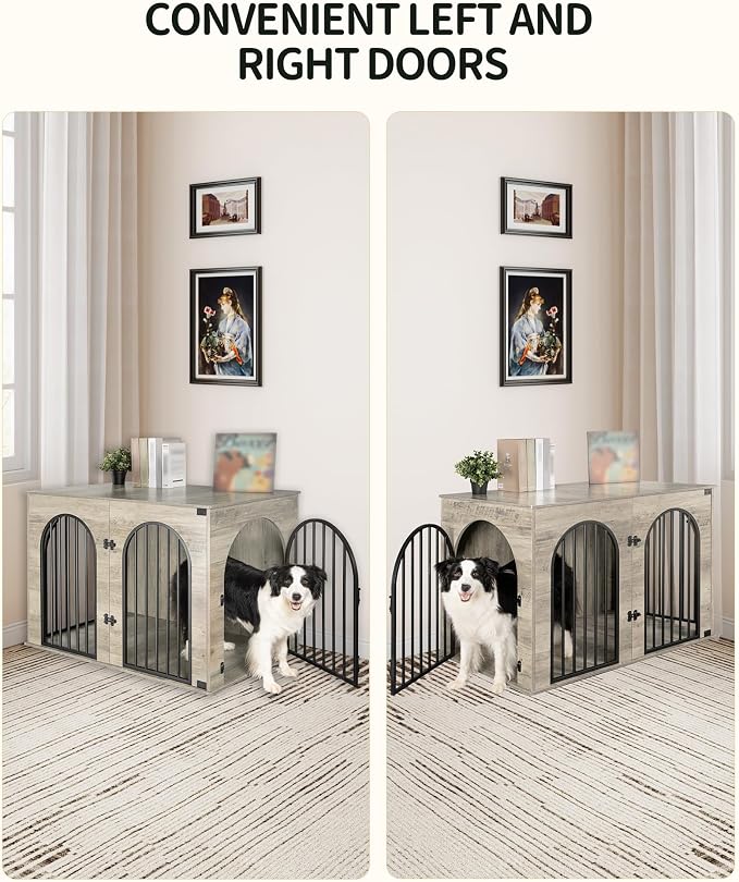 Hzuaneri 44.1'' Dog Crate Furniture,Dog Kennel Indoor for Medium/Large Dogs | Dog Kennel Furniture Wooden Dog Cage Heavy Duty Dog Crate Decorative Pet House End Side Table TV Stand,Greige Black DFC83905B