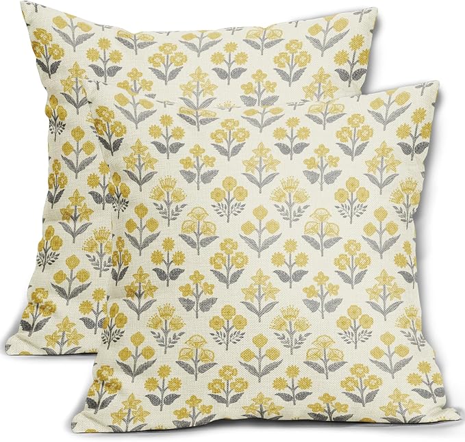 Yellow Grey Gray Floral Pillow Covers 22x22 Inch Set of 2, Vintage Flower Block Print Pattern Decorative Throw Pillowcases Outdoor Farmhouse Cushion Covers Spring Summer Rustic Sofa Couch Bed Decor