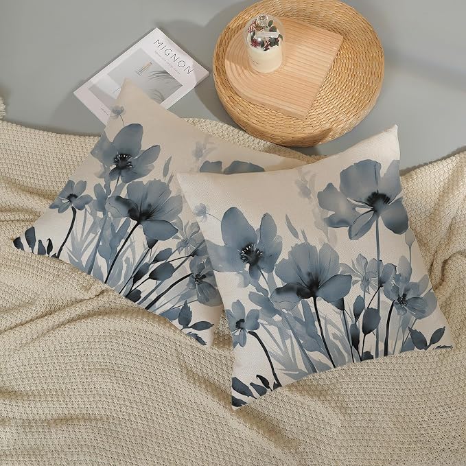 Spring Floral Pillow Covers 18x18 Inches Set of 2,Blue Floral Throw Pillow Covers Outdoor Summer Flower Decoration Pillowcase Farmhouse Decorative Square Cushion Cover For Couch Sofa Home Decor