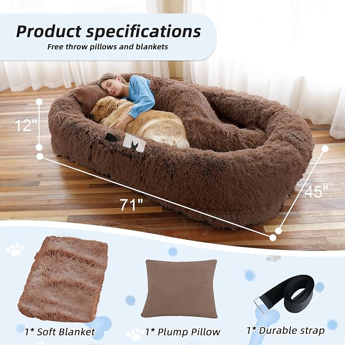 WROS Human Dog Bed, 71"x45"x12" Size Fits You and Pets, Washable Faux Fur Pet Bed for People Doze Off, Napping Orthopedic Dog Bed, Present Plump Pillow, Blanket, Strap - Coffee