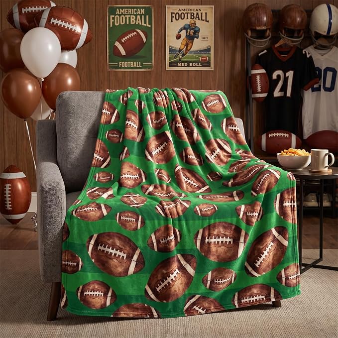 Horaldaily Football Green Flannel Throw Blanket 60x80 | All Season Using Ultra Soft Fuzzy Plush Cozy Non-shedding Blanket for Couch Sofa Bed Camping, Ideal Gift for Kids Adults