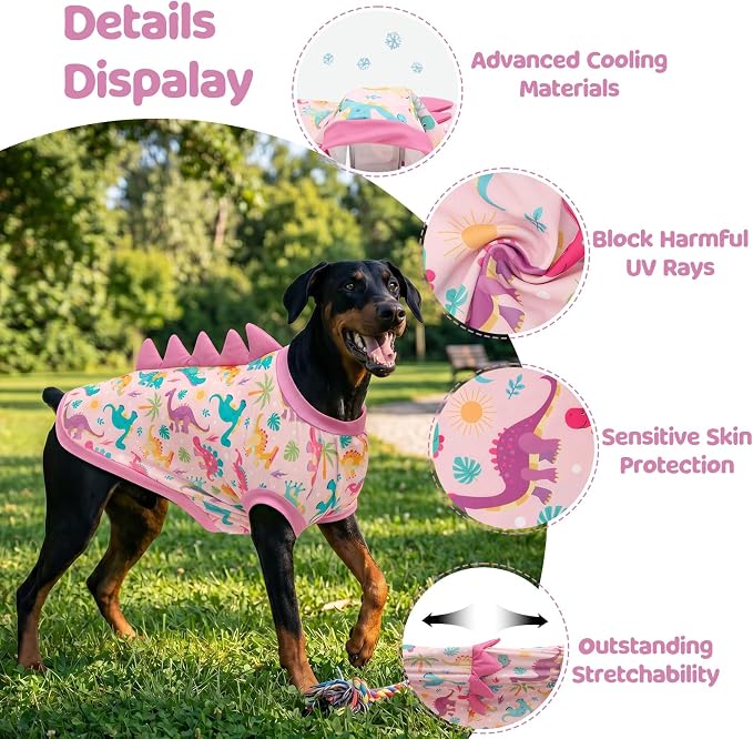 UPF 50+ Sun Protection Dog Shirt - Sleeveless Cooling Vest for Medium Dogs Girl, Quick-Dry Pet T-Shirt with Funny Dinosaur Horns, UV Protective Breathable Dog Clothes U-COSBX08M