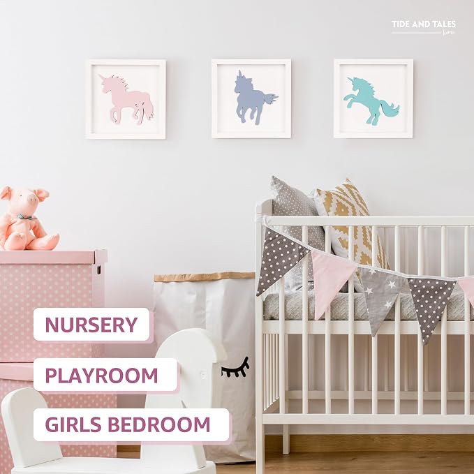 Tide and Tales Unicorn Wall Decor (Set of 3) 3D Framed Unicorn Bedroom Decor for Girls, Pastel Girls Room Decorations, White Wood Nursery Decorations Wall Art, Gift-Boxed