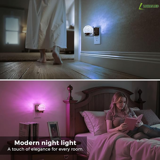 L LOHAS LED Night Lights Plug Into Wall 2 Pack, Dusk to Dawn Sensor | 10-Color RGB Dimmable Night Light, 180°Rotating Plug in Night Light for Bathroom, Hallway, Bedroom, Stairway