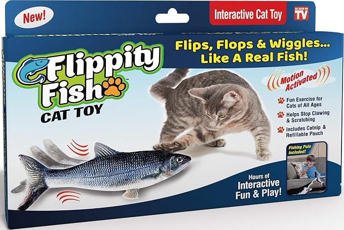 Ontel Flippity Fish Interactive Cat Toy with Catnip & Fishing Pole - Touch Activated, Rechargeable Pet Toy to Help Reduce Stress & Bad Behavior - As Seen on TV