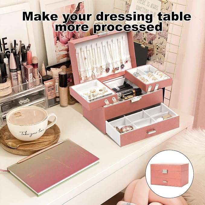 Jewelry Organizer Box, Large Jewelry Boxes for Women Girls, Space-Saving 3 Layers Jewelry Storage Case with Drawer, Movable Metal Stand, Modern, Gift Idea (Champagne)