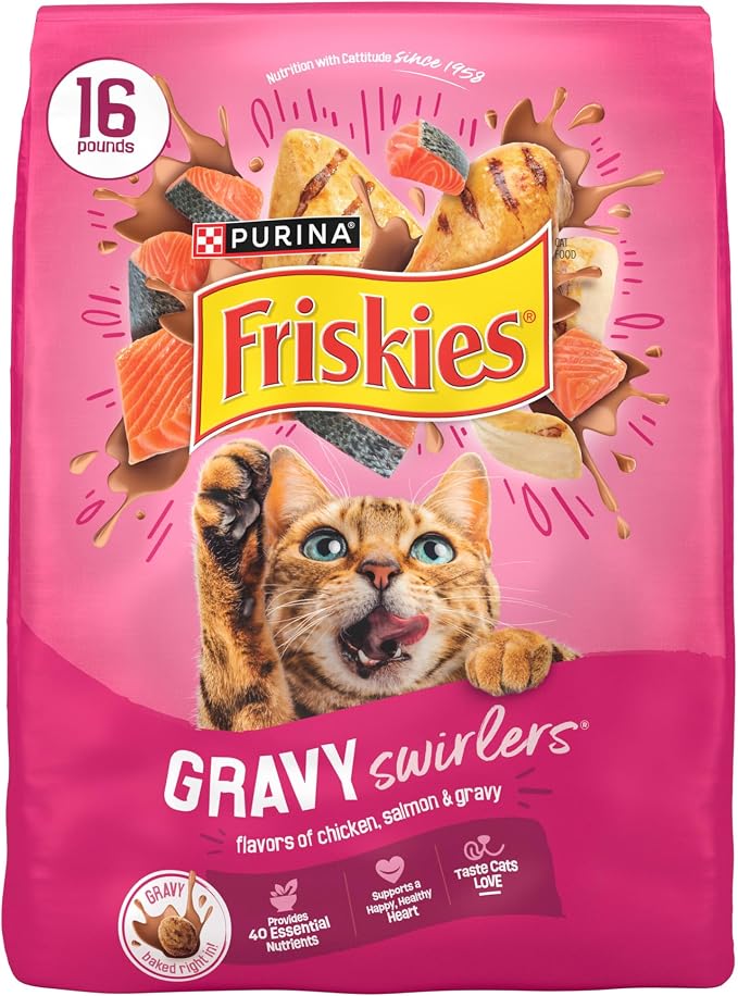 Purina Friskies Gravy Swirlers with Flavors of Chicken, Salmon and Gravy Dry Cat Food - 16 Lb. Bag