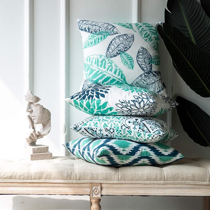 Phantoscope Set of 4 New Living Series Cyan Blue Throw Decorative Pillow Cover Cushion Cover Geometric-Pattern 18 x 18 inches 45 x 45 cm