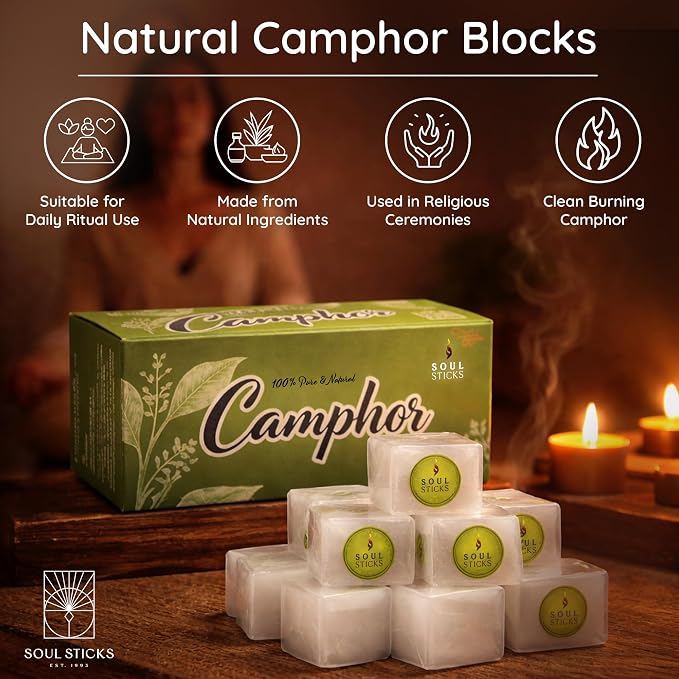 SOUL STICKS Natural Camphor Blocks,Pure Camphor Tablets for Aromatherapy & Puja - Alcanfor en Bloques, Alcanfor en Bolitas, Kapoor for Pooja (150 Grams (32 Tablets))