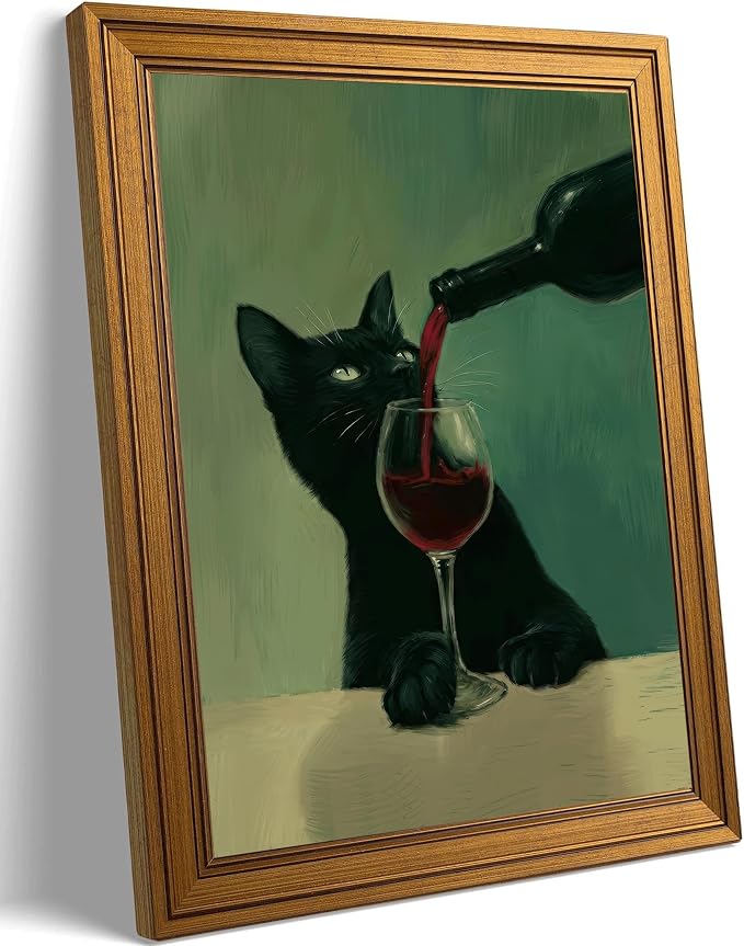 Framed Black Cat Canvas Wall Art,Funny Animal Picture Wall Decor24x16in | Whimsical Cat Canvas Print,Vintage Cottagecore for Kitchen, Dining Room, Home Bar, Study or Cat Lover
