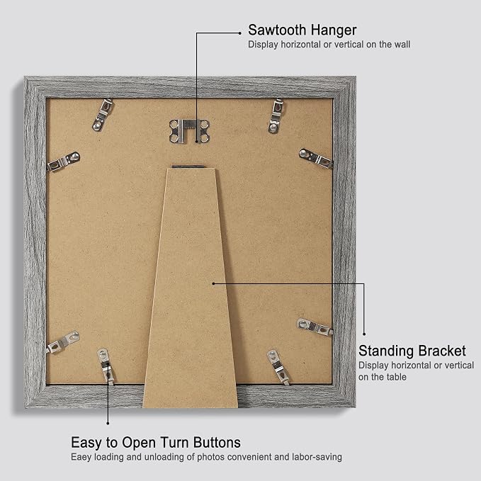 Hongkee 10x10 Picture Frame Set of 4, Made of Glass and Grey Wooden Frame - Display Picture 8x8 with Mat or 10 x 10 Without Mat, 10 by 10 Photo for Wall or Tabletop