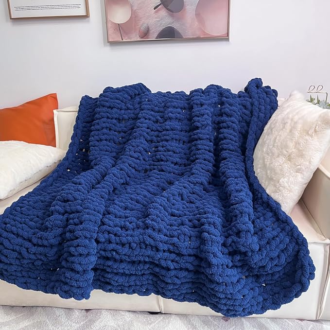 Soft Chunky Knit Throw Blanket for Couch, Cozy Warm Knitted Blankets | Hand Knit with Jumbo Chenille, Lightweight Warm Fluffy Decor for Women, Mom, Her & Girls, Sofa, Chair, Bed,40"×60"(Navy Blue)
