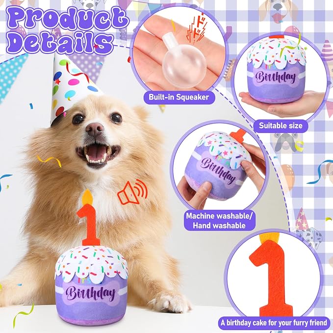 Dansydaisy Dog Birthday Cake Toy Squeaky Plush Gift,1st,Purple