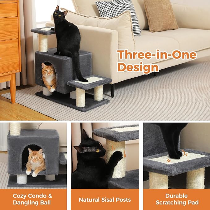 3-in-1 Cat Stairs with Scratching Post & Condo, Pet Steps, Dark Grey | Pet Steps for High Beds, Sofa, Couch, Tall Cat Tower, High-Strength Boards for Indoor Small Cats Kittens Dogs Climbing Play