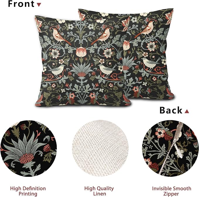 Chinoiserie Floral Bird Colorful Pillow Covers 22X22 in Set of 2 Orange Sage Green Pimpernel Flower Throw Pillow Cases Vintage Art Pillow Covers Modern Home Decor for Couch Patio Sofa Porch