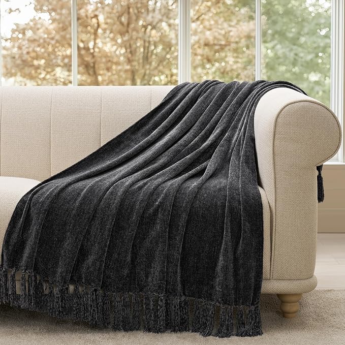 Chenille Knit Throw Blanket for Couch, 60"x80", Iron Black | Cozy Plush Fuzzy Knittd Throw with Tassels, Lightweight, Decorative, Farmhouse Decor, Ideal for Bed Sofa Gift, All Seasons