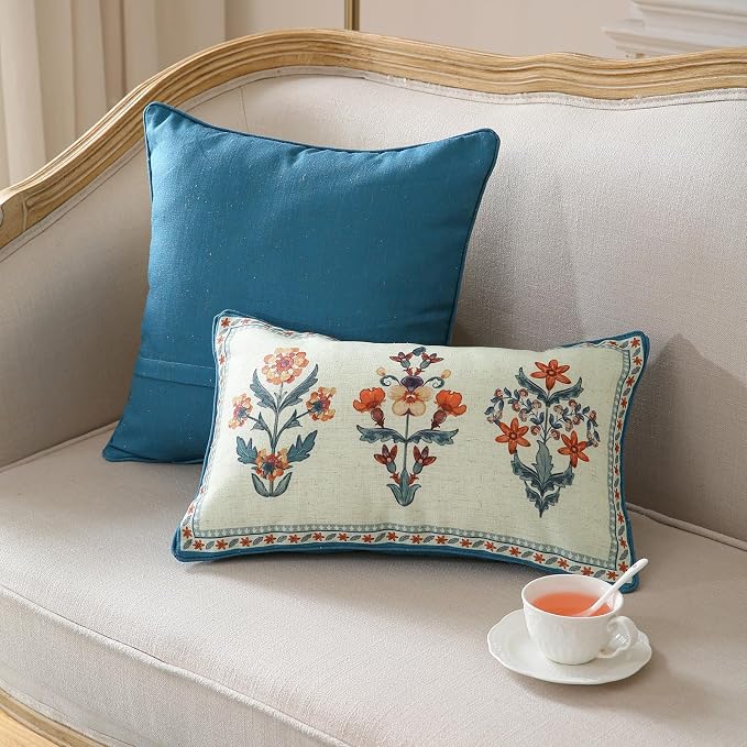 Linen Rectangle Throw Pillow Cover,Set of 2,20"x12"-Floralsea A | Designer French Elegant Pillow Cover,Concealed Zipper Design,Sofa,Bedroom,Living Room,Lounge Chairs,All Season Home Decor