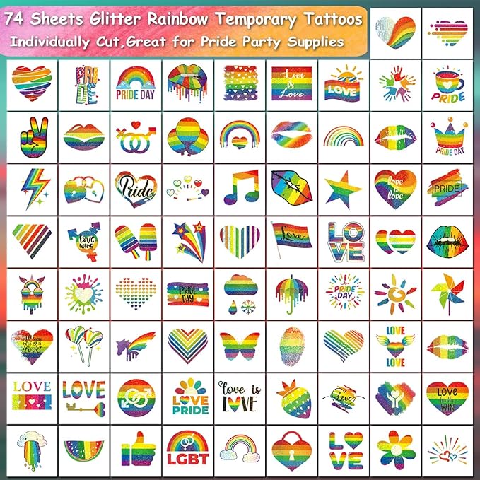 Glitter Rainbow Temporary Tattoos - 74 Individually Sheets Glitter Pride Tattoos Heart Lips Love Rainbow Tattoos for Pride Festivals