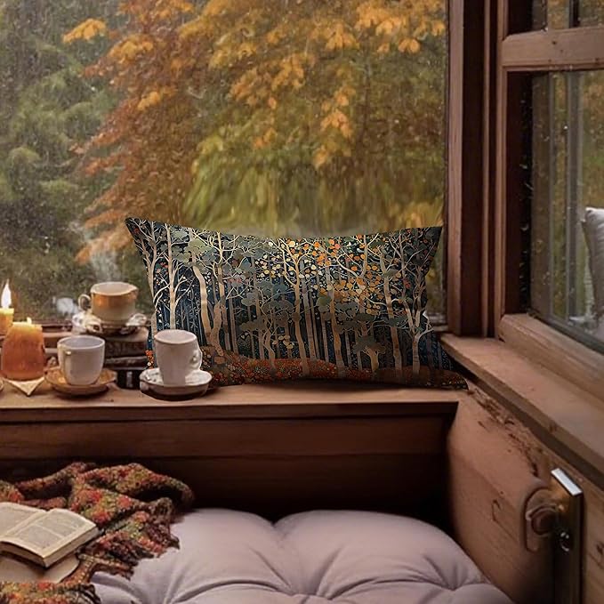 Rustic Autumn Forest Pillow Covers 12x20 Double-Sided, Fall Home Room Decor, Vintage Botanical Nature William Morris Inspired Decorative Throw Pillow Covers for Home Bedroom Living Room