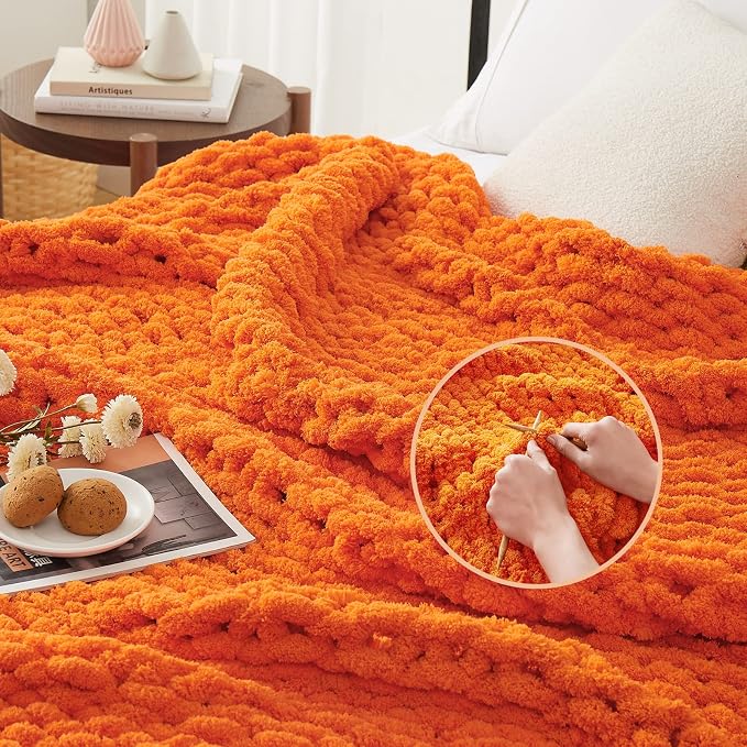 L'AGRATY Chunky Knit Throw Blanket for Couch 80'' x 90'' Knit Throw, Orange | Handmade Chenille Crochet Blanket for Sofa Bed, Thick Cable Knitted Blankets for Room Home Decor, Birthday Gift for Women Mom