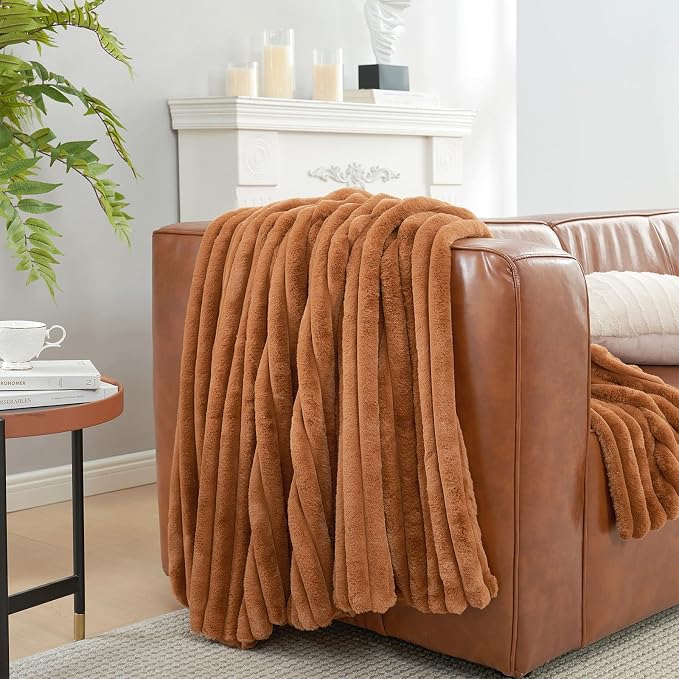 Faux Fur Throw Blanket for Couch, Cozy Fuzzy Fluffy Fur Luxurious Soft Striped Plush Gift Blankets for Family Sofa Chair Bedroom, 55"x70", Orange Brown