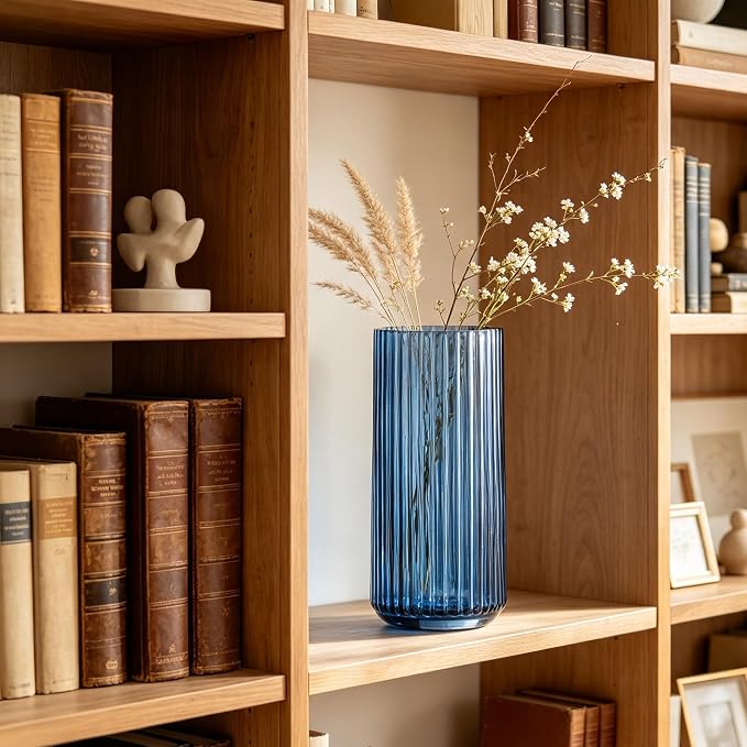 10 inch Blue Glass Flower Vase for Pampas Grass, Medium Decorative Centerpiece Ribbed Vase for Dining Table, Office Desktop, Shelf Bookshelf, Mantel, Entryway, Bathroom, Countertop,Gift