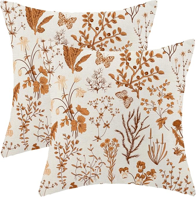 AEIOAE Fall Pillow Covers 20x20 Inch Set of 2,Burnt Orange Wild Flower Plant Throw Pillows Case,Seasonal Floral Outdoor Decorative Square Linen Farmhouse Decor Cushion Covers for Home Sofa Bed Couch