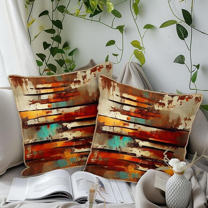 Burnt Orange Teal Rust Soft Velvet Throw Pillow Covers Set of 2 Abstract Vintage Metalic Copper Pillow Covers 16x16 Inch Retro Colorful Pillow Case For Sofa Couch Living Room Farmhouse Home Decor