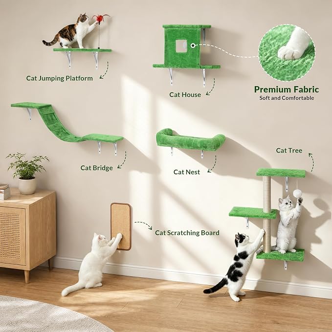 Cat Wall Shelves, 6 in 1 Cat Wall Furniture Set with Condos House, Bed, Bridge, Tree, Steps, Scratching Board, DIY Walls Playground for Indoor (Green)
