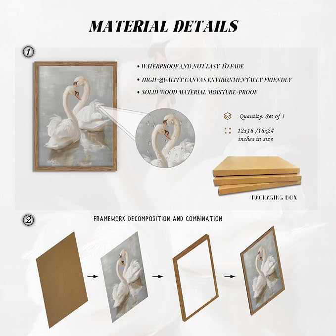 Framed White Swan Canvas Wall Art – Vintage Romantic Swan Oil Painting, Simple Rustic Animal Art Prints, Classical Artwork Wall Decor for Living Room Bedroom Office – 12x16in