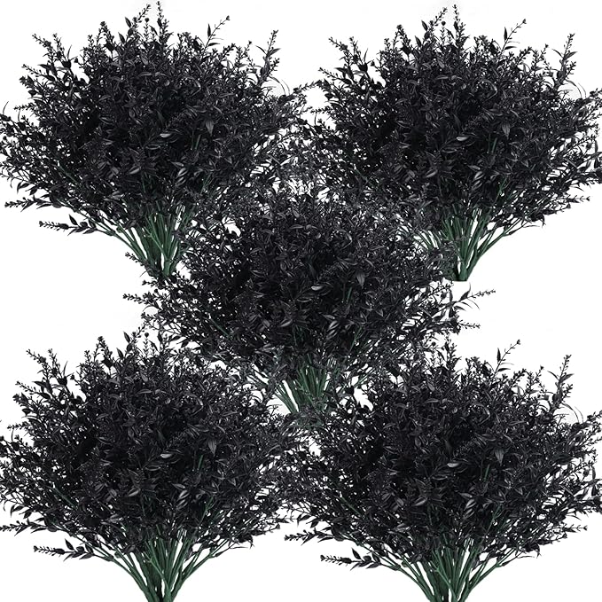 RECUTMS Black Artificial Flowers,Fake Outdoor UV Resistant Plants 36 Packs | Black Halloween Decor,Faux Plastic Greenery Shrub for Indoor Outside Hanging Planter Home Kitchen Office Wedding,Garden Decor