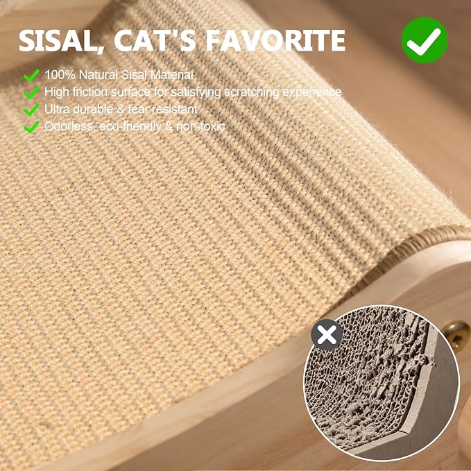 Large Sisal Cat Scratcher Bed Wooden Scratching Pad for Indoor Large Cats | 2-in-1 beech wood scratcher bed with thick woven sisal. Cats scratch & relax, large size shields furniture from scratches.