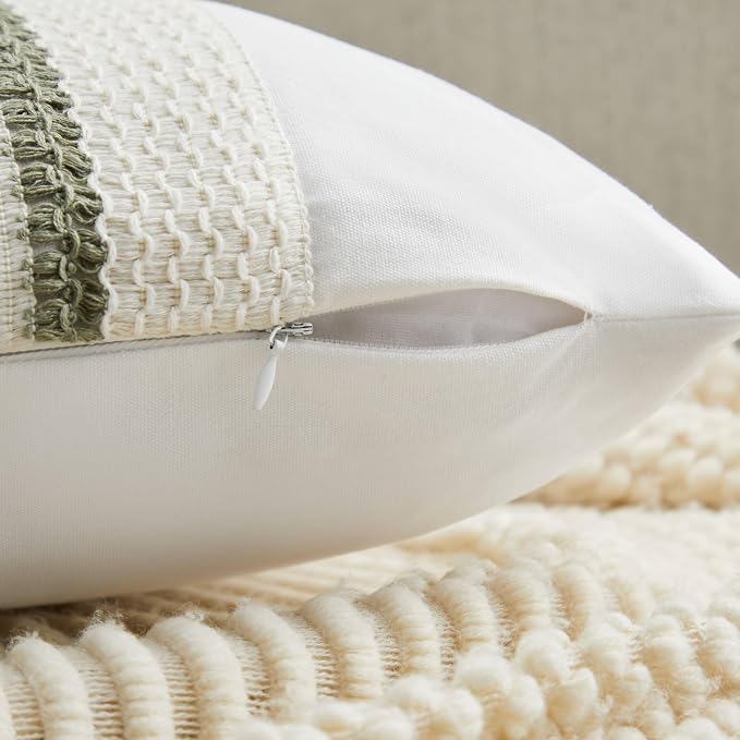 2pk Boho Pillow Covers 16x16, Natural White/Grid/Green | 100% Organic Cotton Body, Stripe Embroidery, Farmhouse Decorative Cushion Covers for Sofa Bed Living Room Home Decor