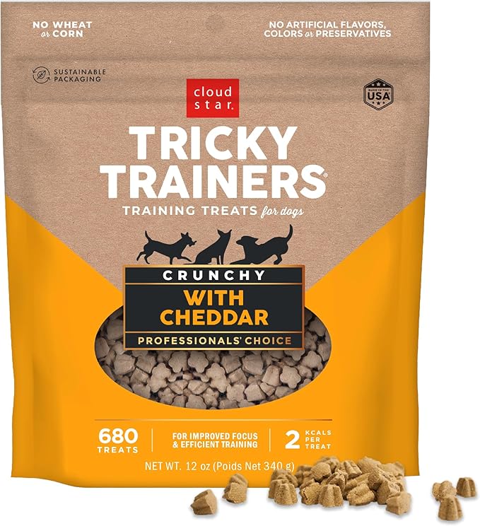 Cloud Star Tricky Trainers Dog Training Treats Cheddar Flavor 12 oz | Crunchy, Low-Calorie, For All Life Stages, Wheat, Corn, Dairy, Recommended by Professional Trainers