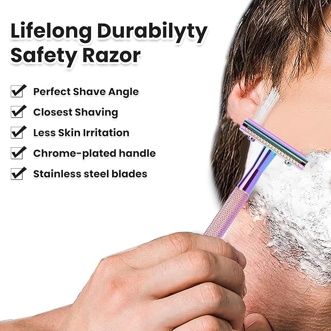 Keropy One Blade Safety Razor With Stand and 10 Premium Stainless Steel Reusable Safety Razor For Men and Women, Single Blade Safety Razors, Rainbow