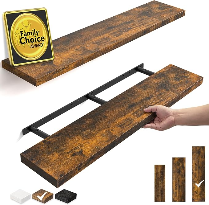 BAYKA Rustic Brown Floating Shelves 47.2in, Set of 2, Wall Mount Wood Shelf | Easy Install, 30lbs Max Load, Hidden Bracket, for Coffee Bar Book Bedroom Kitchen Office Storage Decor, Multi-Wall Compatible