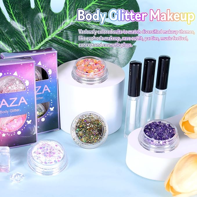 Laza Mardi Gras Body Glitter, 2 Jars Gold Purple Green Chunky Sequins with Glue Women Eyeshadow Fat Tuesday Face Paint Festival Rave Outfit Hair Accessories Party Costumes – Mardi Gras Carnival