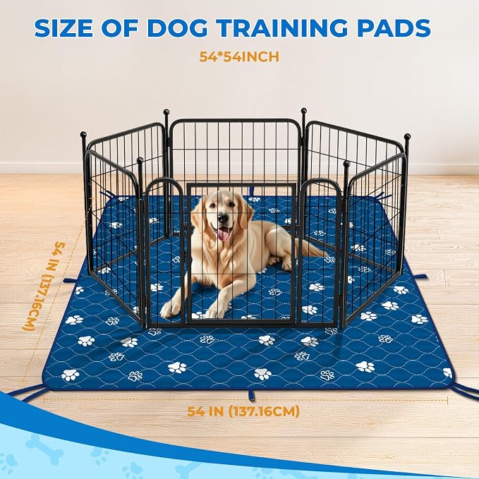 Fostanfly Washable Pee Pads for Dogs, Leak-Proof, 54"x54"-2 Pack, Blue | Ultra-Absorbent, Waterproof, Non-Slip, Large Reusable Pee Pads for Puppy Potty Training, Crate and Playpen with 8 Tie Straps
