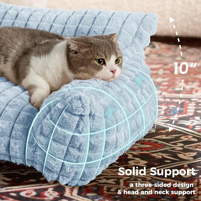 Cat Couch Bed with Fluffy Faux Rabbit Fur for Indoor Cats, 24 Inch | Cute Fuzzy Pet Sofa With Washable Cover For Puppy Kitten, Suppportive Cozy Pets Couch in 3D Diamond Pattern, Light Blue