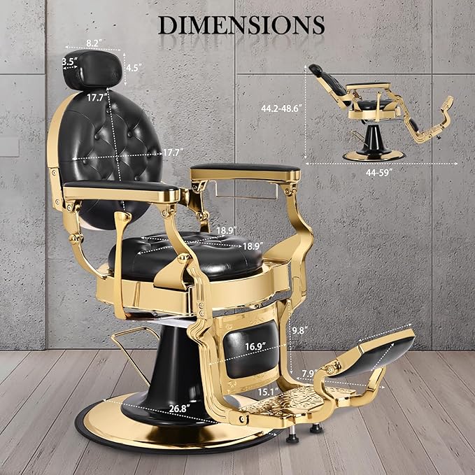 Vintage Barber Chair, Heavy Duty Recline Hair Barber Chair for Barbershop with Removable Headrest, Supports up to 550lbs & 360° Swivel, Professional Salon Beauty Spa Shampoo Equipment, Black Gold