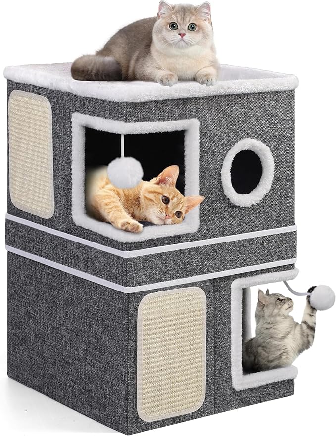 Shikha 2 Story Cat House beds for Indoor Cats with Scratch Pads Grey | 2 in 1 Dual Use Double Cat Bed Cave for Multiple Pets Kitten, Elevated Perch for a Wide View, All Season Reversible Cushion
