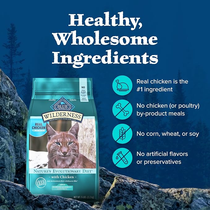Blue Buffalo Wilderness Chicken Indoor Hairball Control Dry Cat Food, 5 lb | Real Chicken #1 Ingredient, High Protein & Grain-Free Recipe, Promotes Healthy Digestion