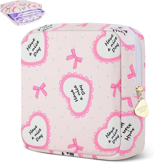 Sanitary Pad Storage Bag Portable Period Bag for Teen Pads/Sanitary Napkins/Small Tampons, Sanitary Napkin Storage Bag First Period Gifts for Teen Girls (Bowknot Heart)