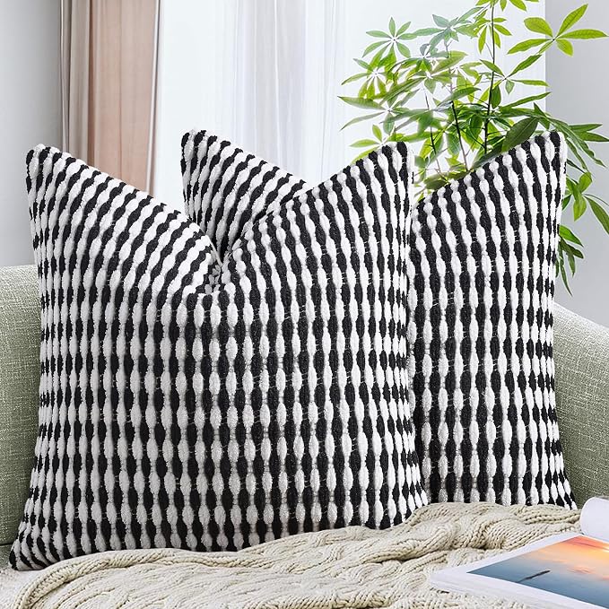 Set of 2 Boho Chenille Pillow Cover Decorative Tufted Pillowcase for Couch Bed Sofa Bedroom Living Room Modern 18 x 18-Inch Black