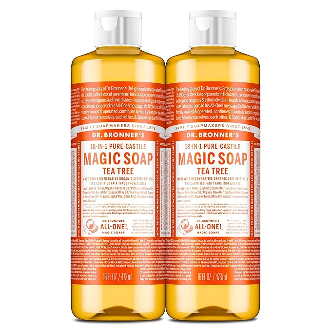 Dr. Bronner's Pure-Castile Magic Soap Liquid (Tea Tree, 16 Ounce, 2-Pack)-Made with Regenerative Organic Certified Oils, 18-in1 Uses: Face, Hair, Hand & Body Soap, Laundry- Concentrated, Vegan
