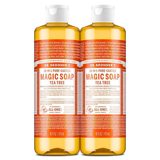 Dr. Bronner's Pure-Castile Magic Soap Liquid (Tea Tree, 16 Ounce, 2-Pack)-Made with Regenerative Organic Certified Oils, 18-in1 Uses: Face, Hair, Hand & Body Soap, Laundry- Concentrated, Vegan