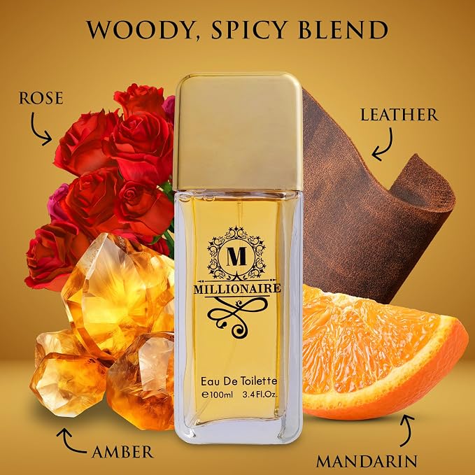 Millionaire Eau De Toilette for Men Citrus, Woody & Spicy Blend Top Notes of Orange & Grapefruit with Mint - Base Notes of Amber, Leather & Patchouli - Vegan & Cruelty-Free - Elegant 100ml Bottle