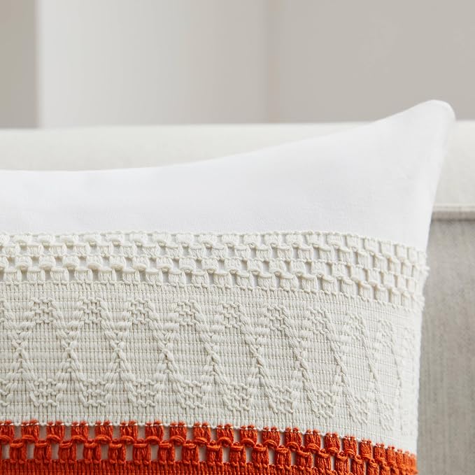2pk Boho Pillow Covers 16x16, Natural White/Contrast/Orange | 100% Organic Cotton Body, Stripe Embroidery, Farmhouse Decorative Cushion Covers for Sofa Bed Living Room Home Decor