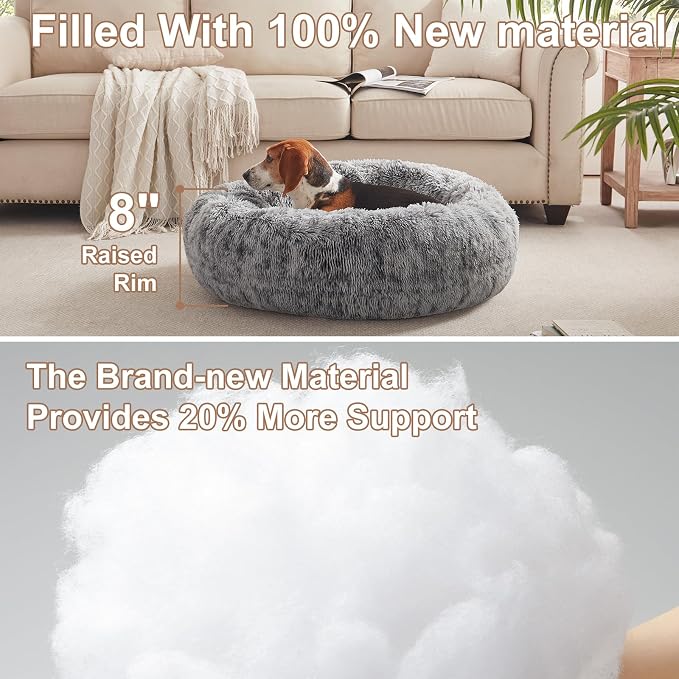 33 in Faux Fur Fluffy Donut Dog Bed for Medium Plus Dogs,Dark Grey | Calming Plush Round Pet Bed with Removable & Washable Cover,Fits up to 65 lbs Pets